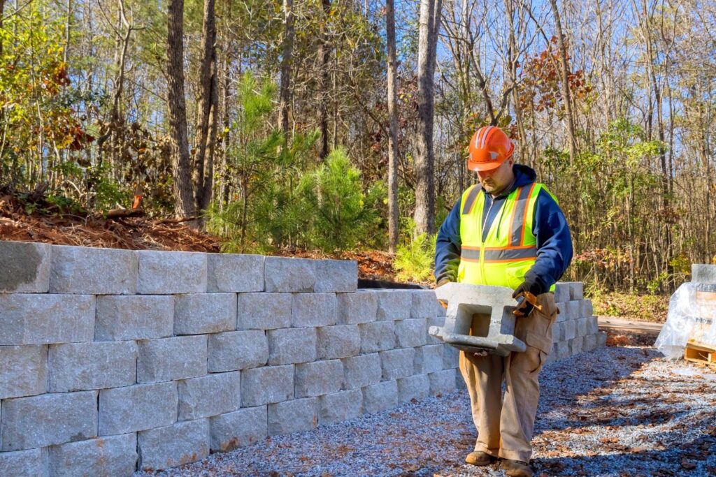 A construction worker is carrying a brick.