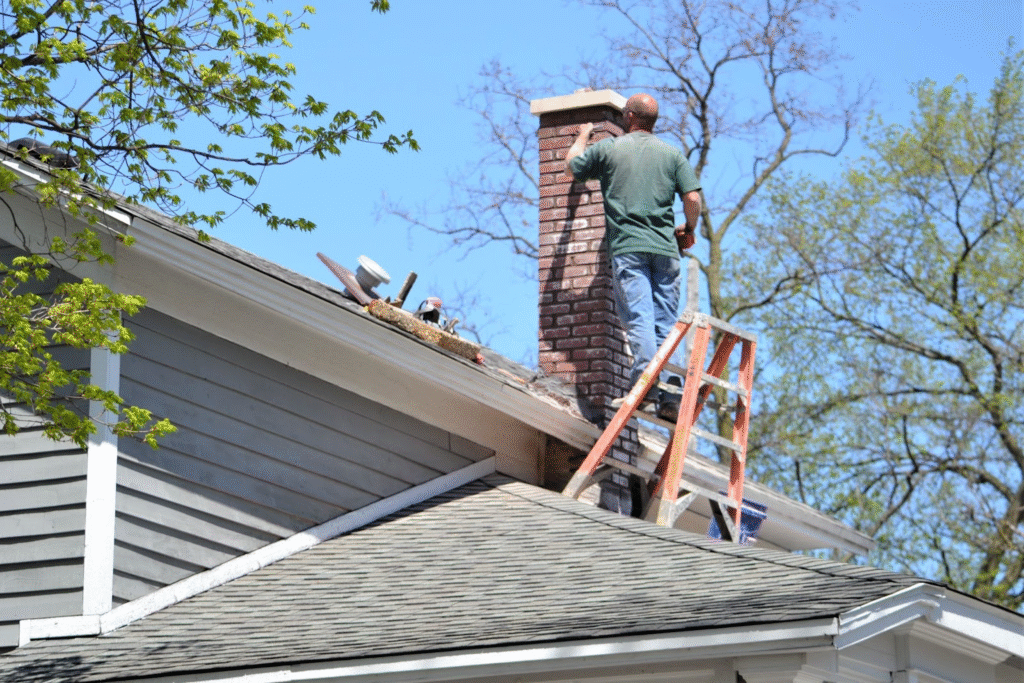 A homeowner examines a rooftop chimney using a ladder.