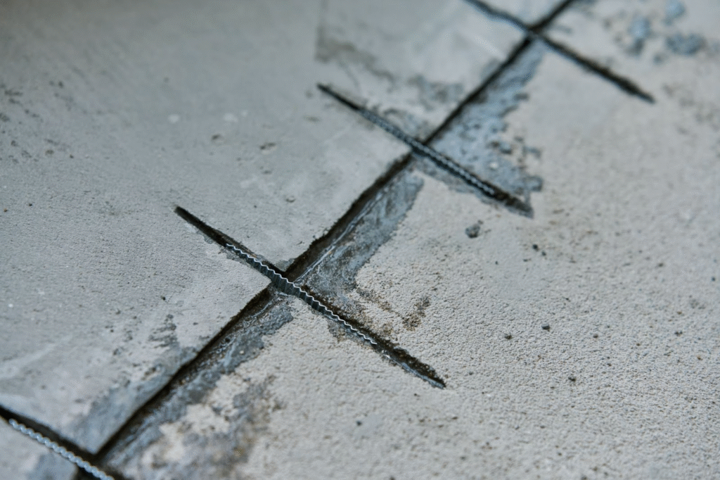A close-up of cracked concrete surface exposing reinforcement metal bars during concrete leveling and structural repair.