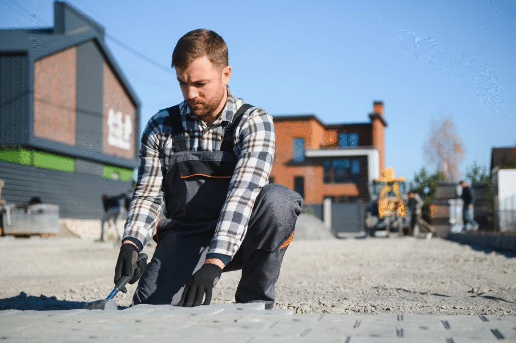 Man in overalls working with paving stones.