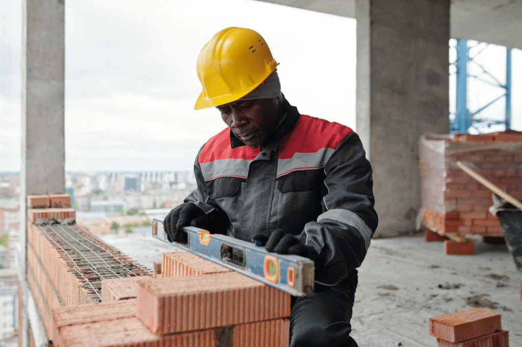 A builder in safety gear uses a level tool to align bricks during masonry work.