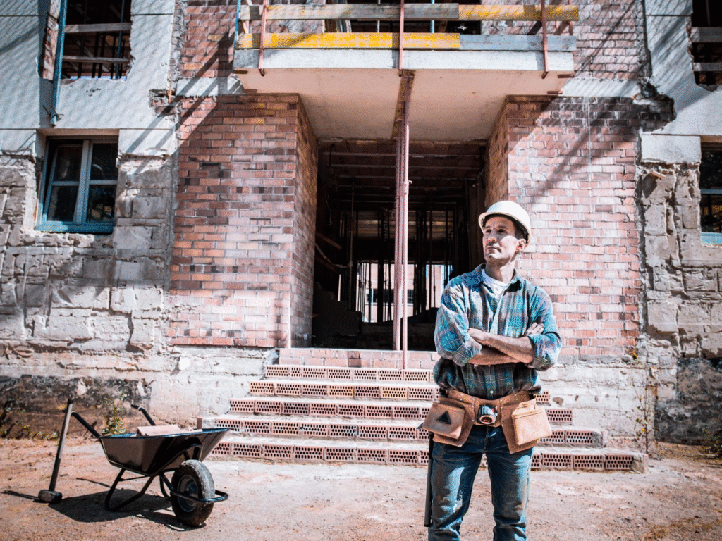 A bricklayer with masonry tools stands before a partially built house.