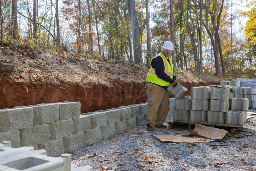 A construction worker builds a retaining wall out of concrete blocks.