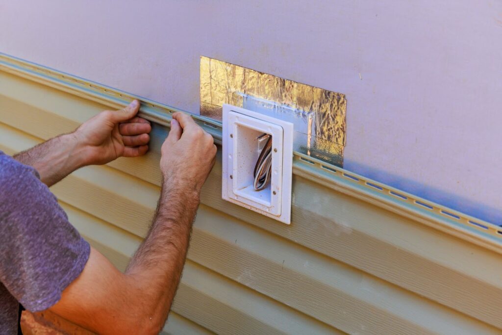 A construction worker installs vinyl plastic siding panels on a home.