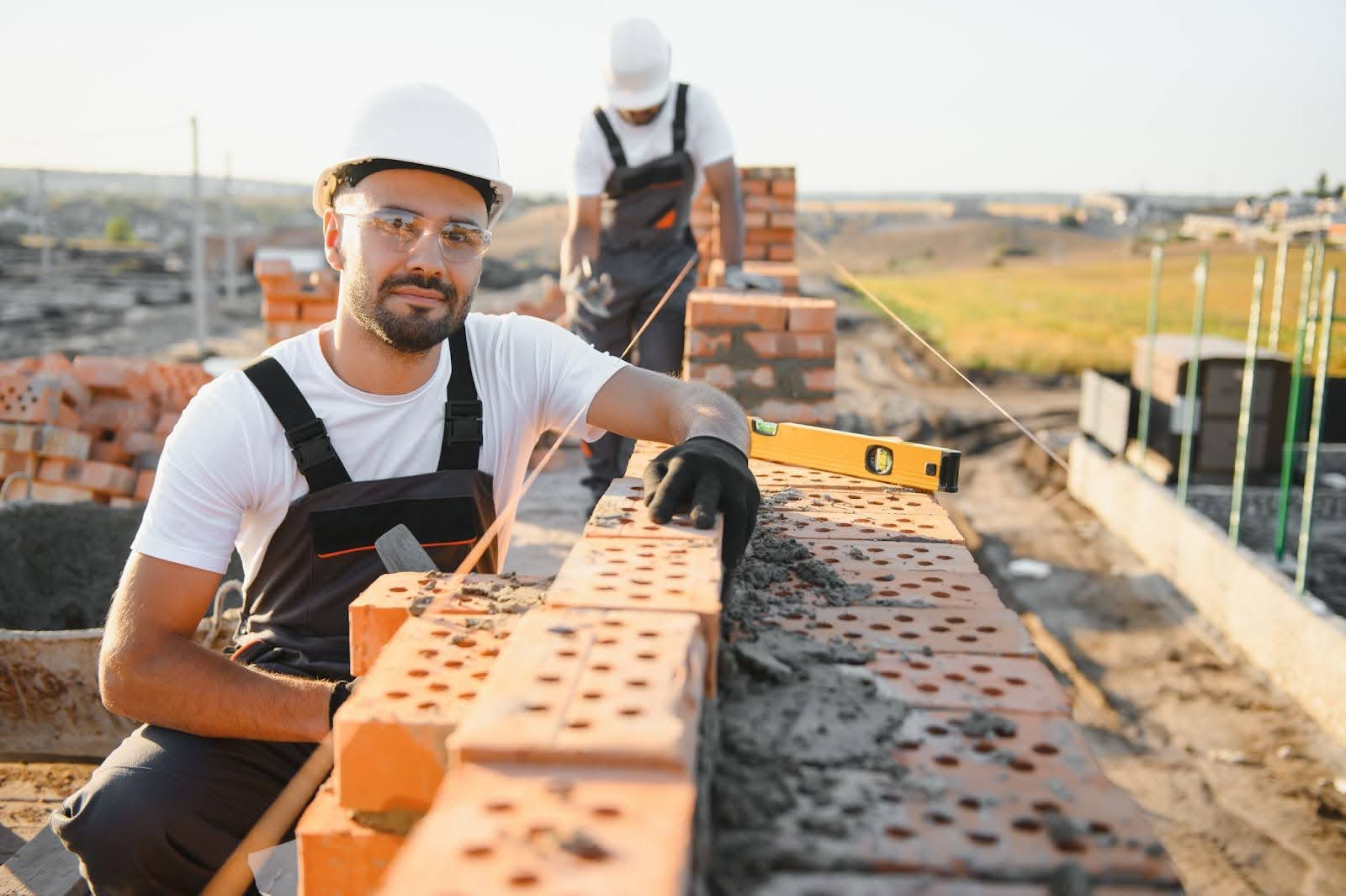 A group of construction workers is building a wall.
