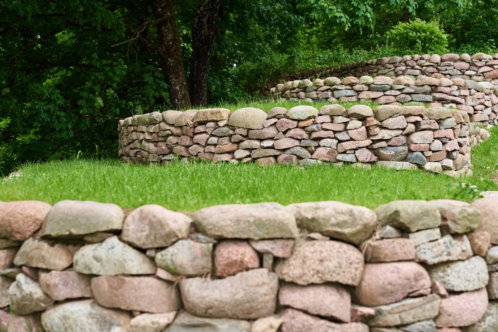 Wide view on a terraced yard with stacked stone retaining walls and grass plantings.
